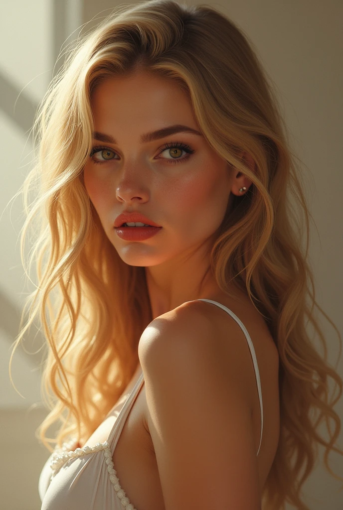 A blonde woman,of 60 kg,honey-colored eyes,long hair, making a naughty face