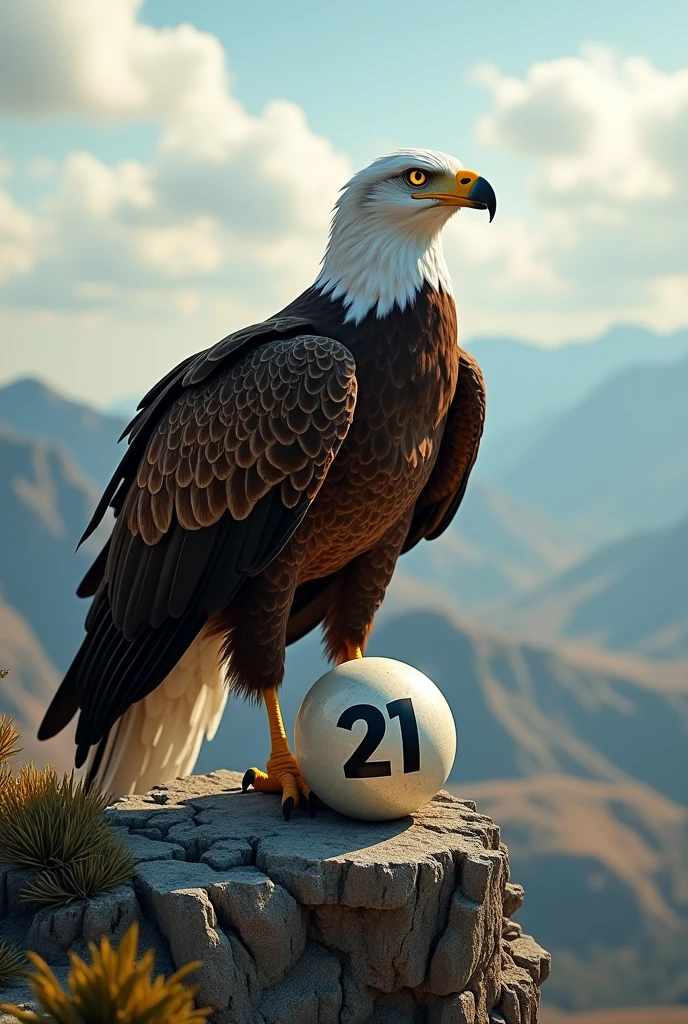 An eagle that is posing on the cliff with a lottery ball in its paw that forms the number 21 but with its wings closed