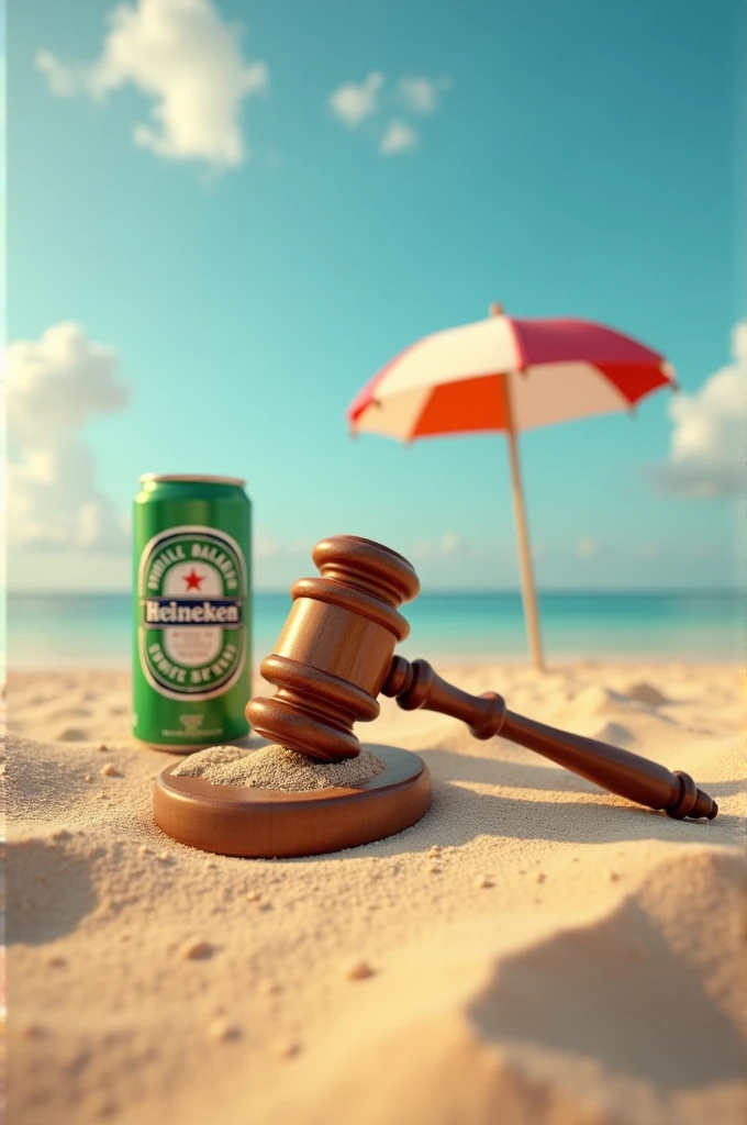 A judge's gavel thrown into the sand on the beach, a parasol in the background and a can of Heineken beer