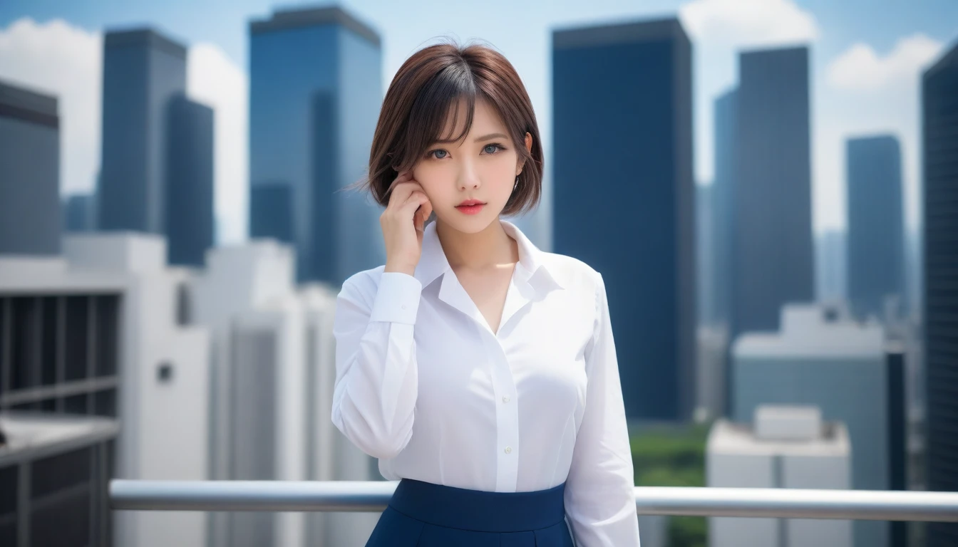 8k, Ultra-high resolution, Highest quality, masterpiece, 三分割法によるphotograph,Surreal, photograph, 1 , (:1.3), cute, cute顔, 細部までBeautiful Eyes, 細かくdetailedに,masterpiece,One Girl:1.2,Japanese women,Female announcer,cowboy shot,glaring,Black short hair,messy hair,from below,(White shirt:1.3),Dark blue blazer,Pencil Skirt,Rooftop,white collar,blue sky,Background of skyscrapers,(Beautiful attention to detail),Subtle details, detailedな顔,anger,Attractive eyes,(ポートレートphotograph:1.4),(Photorealistic images:1.4),Fantasy art,(Beautiful Face:1.4),美しくAttractive eyes、Beautiful Eyes,Silver residue,(Tight waist:1.4)、(Beautiful with perfect body proportions:1.4),Pink Lips,profile,(((Ideal body type))),A-cup small breasts :2,、Portraiture:2、Perfect Anatomy、鮮明なdetailed、detailed,Fashion magazine cover,Thin lips,完璧でBeautiful Face ,完璧でcute顔, Skin with attention to detail, Perfect limbs、Narrow waist,Surreal,Light and shadow,sunlight