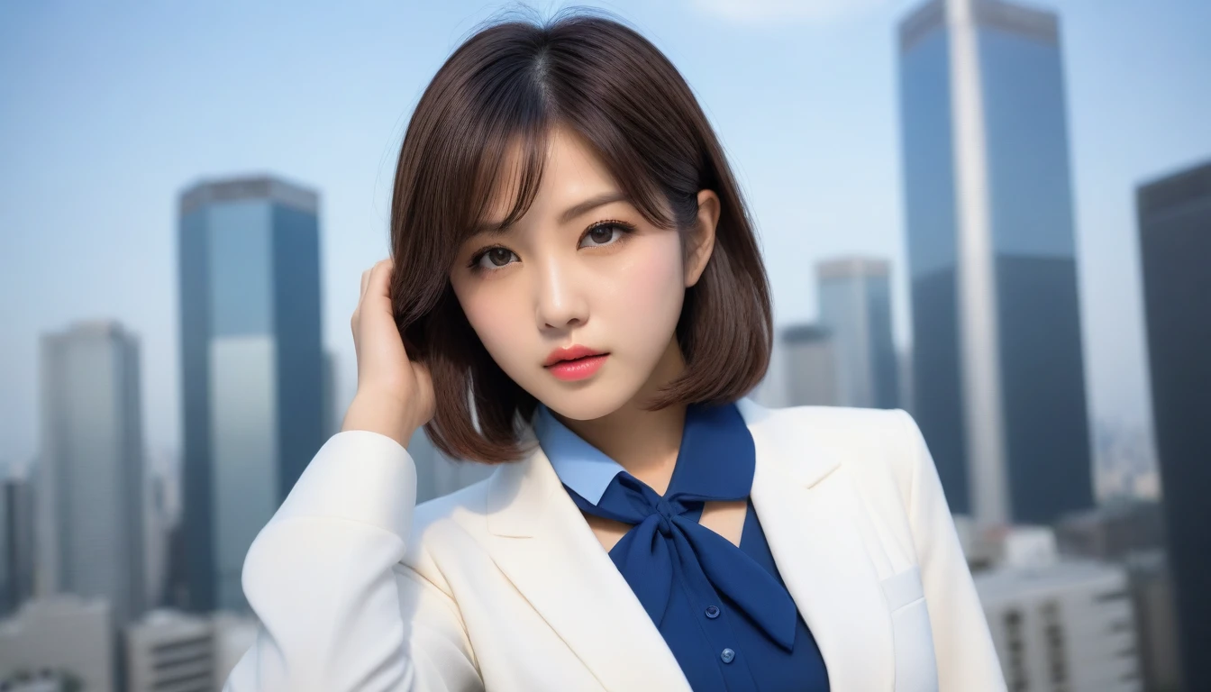 8k, Ultra-high resolution, Highest quality, masterpiece, 三分割法によるphotograph,Surreal, photograph, 1 , (:1.3), cute, cute顔, 細部までBeautiful Eyes, 細かくdetailedに,masterpiece,One Girl:1.2,Japanese women,Female announcer,cowboy shot,glaring,Black short hair,messy hair,from below,(White shirt:1.3),Dark blue blazer,Pencil Skirt,Rooftop,white collar,blue sky,Background of skyscrapers,(Beautiful attention to detail),Subtle details, detailedな顔,anger,Attractive eyes,(ポートレートphotograph:1.4),(Photorealistic images:1.4),Fantasy art,(Beautiful Face:1.4),美しくAttractive eyes、Beautiful Eyes,Silver residue,(Tight waist:1.4)、(Beautiful with perfect body proportions:1.4),Pink Lips,profile,(((Ideal body type))),A-cup small breasts :2,、Portraiture:2、Perfect Anatomy、鮮明なdetailed、detailed,Fashion magazine cover,Thin lips,完璧でBeautiful Face ,完璧でcute顔, Skin with attention to detail, Perfect limbs、Narrow waist,Surreal,Light and shadow,sunlight