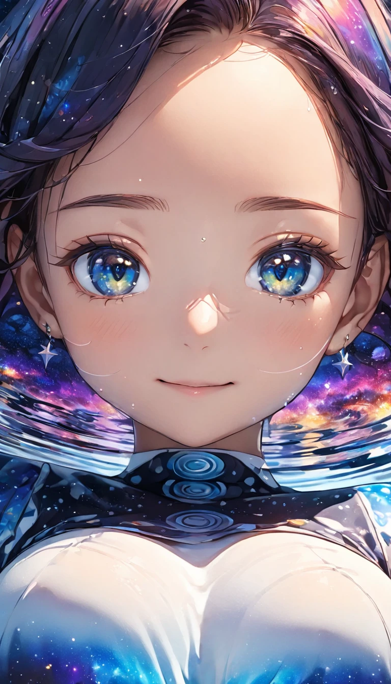 anime illustration, ((((highest quality)))), (((Ultra-precision CG 16K))), (((masterpiece))), BREAK skinny body, slender waist, medium Breasts, (((perky breasts))), ((sagging breasts)), (covered nipples), (((tanned skin, tan lines))) , BREAK (written in detail of face, smiling, blush, determined expression, sweaty , Heavy breathing, embarrassed, ) , (natural make), BREAK narrow eyes, (streaked hair, hair intakes, colored inner hair, ) BREAK (((wearing printed oversized clothing , wearing wide-leg-pants, breasts is covered by outfit, (detailed panty), Narrow aisles,))) , wearing earrings , BREAK ( stick breast out,) BREAK (( ripples , horizon , under the cosmic sky on the cosmic sea , cosmic effects, a girl blended into the background )), (((close-up of face, bust-up shot, looking at viewer, ))), BREAK ((cinematic , from below , ((Distant view, Panorama)), looking at viewer, )) , pinup magazine pose, dancing