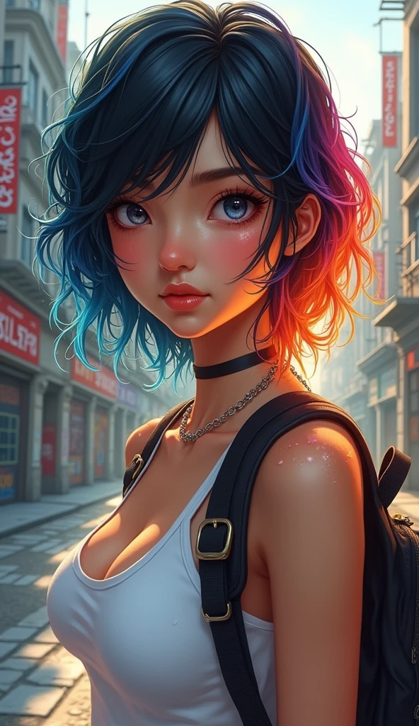 A striking 8K portrait by artist RICK captures the essence of a fashionable college student with raven black hair. Escorrendo suor em seu corpo, she is dressed in a white shirt, displaying her toned curves, and carries a worn backpack over her shoulder. Sweat glistens on her skin, her hair is disheveled, and beads of perspiration adorn her forehead. The artist's masterful attention to detail reveals the texture of her skin, pores, and subtle imperfections, adding a touch of realism. The student's multi-colored hair transitions from deep blues to fiery oranges and pinks, offering a vibrant contrast to the piece. Her intense, captivating eyes are framed by a white sleeveless top.
The background is a dynamic blend of urban elements, including towering buildings, graffiti, and, 3d render, graffiti, cinematic, fashion, typography, photo, vibrant, illustration, poster, product, full body