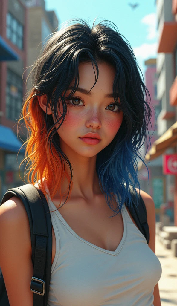 A striking 8K portrait by artist RICK captures the essence of a fashionable college student with raven black hair. Escorrendo suor em seu corpo, she is dressed in a white shirt, displaying her toned curves, and carries a worn backpack over her shoulder. Sweat glistens on her skin, her hair is disheveled, and beads of perspiration adorn her forehead. The artist's masterful attention to detail reveals the texture of her skin, pores, and subtle imperfections, adding a touch of realism. The student's multi-colored hair transitions from deep blues to fiery oranges and pinks, offering a vibrant contrast to the piece. Her intense, captivating eyes are framed by a white sleeveless top.
The background is a dynamic blend of urban elements, including towering buildings, graffiti, and, 3d render, graffiti, cinematic, fashion, typography, photo, vibrant, illustration, poster, product, full body