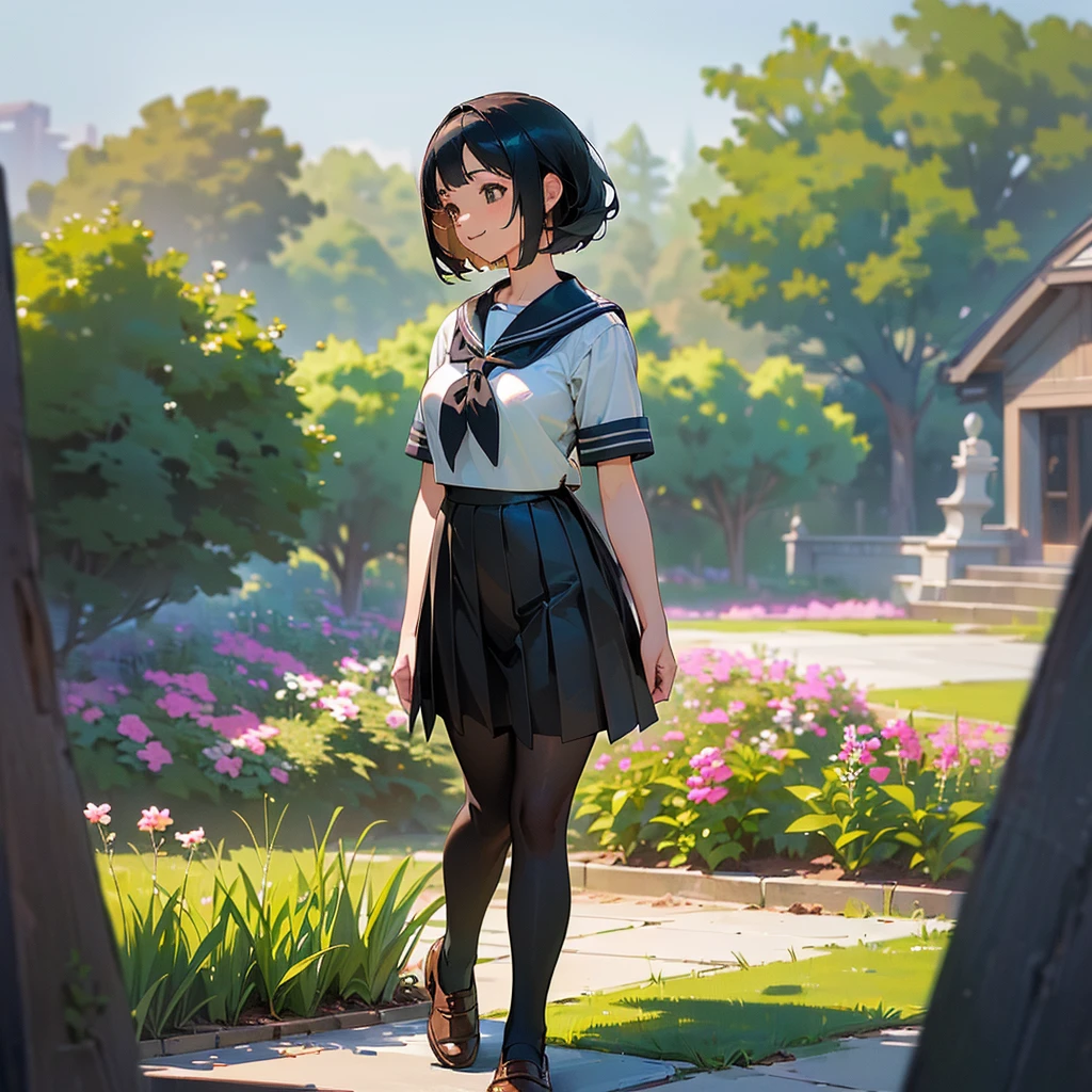 (Highest quality, High resolution, Super detailed, Realistic:1.37), Peaceful atmosphere, (Outdoor, garden), Teenage girl standing alone,(my breasts are big.),Beautifully detailed features, Cute Smile, ((Black bob hair)),Short-sleeved sailor uniform, Pleated skirt,Black tights,Brown leather shoes.