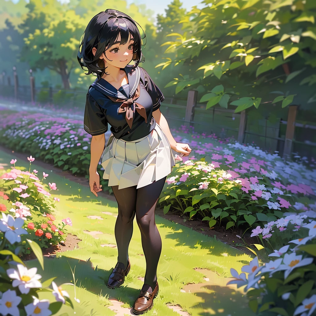 (Highest quality, High resolution, Super detailed, Realistic:1.37), Peaceful atmosphere, (Outdoor, garden), Teenage girl standing alone,(my breasts are big.),Beautifully detailed features, Cute Smile, ((Black bob hair)),Short-sleeved sailor uniform, Pleated skirt,Black tights,Brown leather shoes.