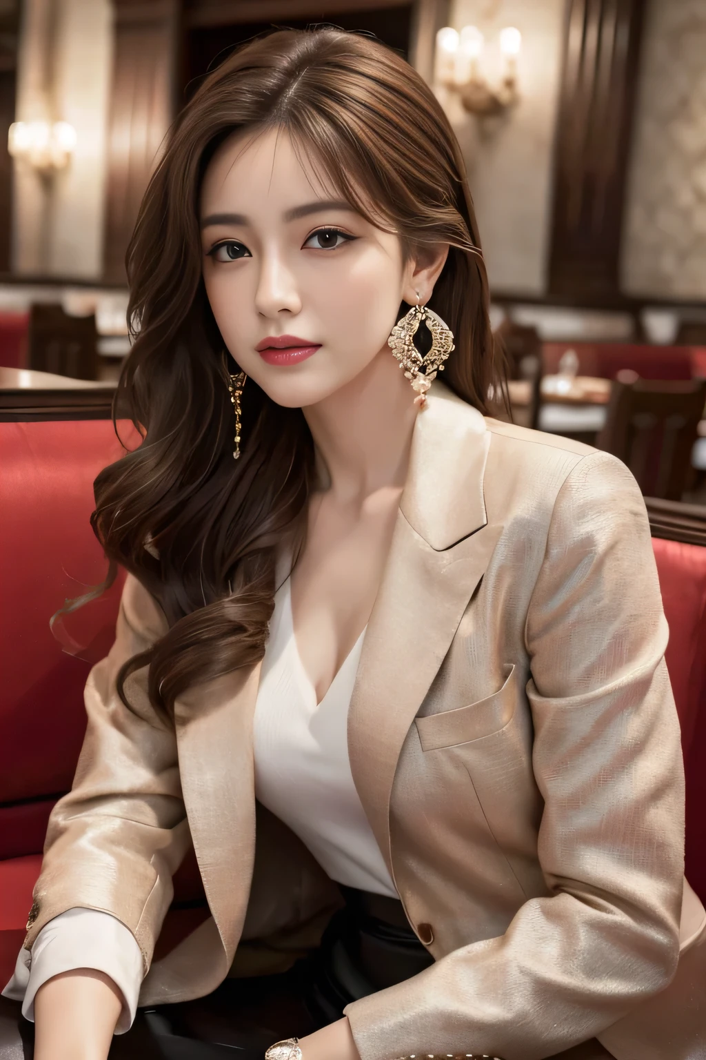 masterpiece, Highest quality, Realistic, Very detailed, Finer details, High resolution, 8k wallpaper, One beautiful woman, Wear a nice suit, In a great restaurant, At night, Light brown messy hair, Perfect dynamic composition, Beautiful and beautiful eyes、Big earrings、Sit on the sofa