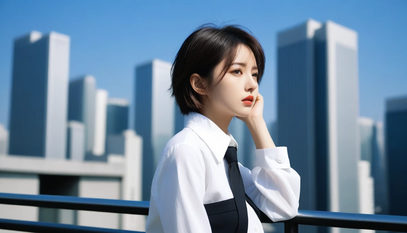 8k, Ultra-high resolution, Highest quality, masterpiece, 三分割法によるphotograph,Surreal, photograph, 1 , (:1.3), cute, cute顔, 細部までBeautiful Eyes, 細かくdetailedに,masterpiece,One Girl:1.2,Japanese women,Female announcer,cowboy shot,glaring,Black short hair,messy hair,from below,(White shirt:1.3),Dark blue blazer,Pencil Skirt,Rooftop,white collar,blue sky,Background of skyscrapers,(Beautiful attention to detail),Subtle details, detailedな顔,anger,Attractive eyes,(ポートレートphotograph:1.4),(Photorealistic images:1.4),Fantasy art,(Beautiful Face:1.4),美しくAttractive eyes、Beautiful Eyes,Silver residue,(Tight waist:1.4)、(Beautiful with perfect body proportions:1.4),Pink Lips,profile,(((Ideal body type))),A-cup small breasts :2,、Portraiture:2、Perfect Anatomy、鮮明なdetailed、detailed,Fashion magazine cover,Thin lips,完璧でBeautiful Face ,完璧でcute顔, Skin with attention to detail, Perfect limbs、Narrow waist,Surreal,Light and shadow,sunlight
