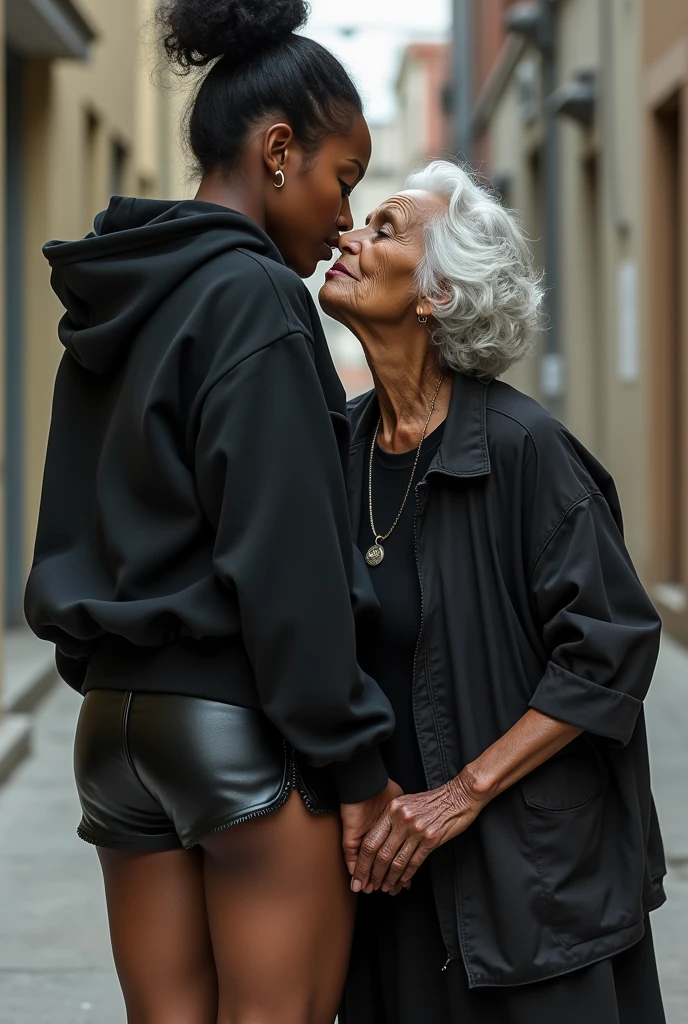 black woman hair in a bun black hoodie black leather short shorts a old grandma in a dress on her knees kissing her ass behind her squeezing her butt
