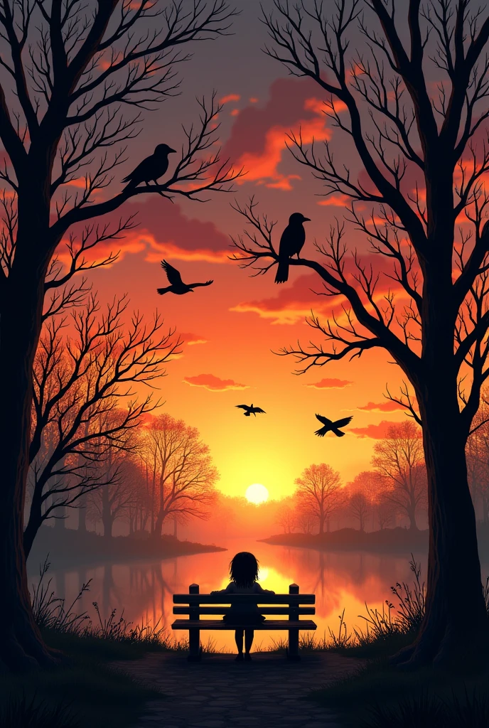 landscape of a park at sunset with sinister crows in the trees and a girl on a bench