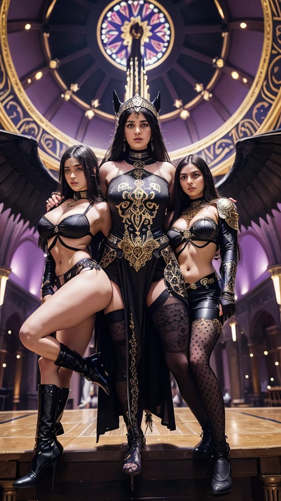 Photo of a female byzantine paladins riding a giant black jaguars, in the style of frank frazetta, holy symbol, purple and gold, greek text in air, hagia sophia, byzantine fashion, alluring superpowers, constantinople, sexy, form-fitting costume, byzantine architecture, giant black jaguars