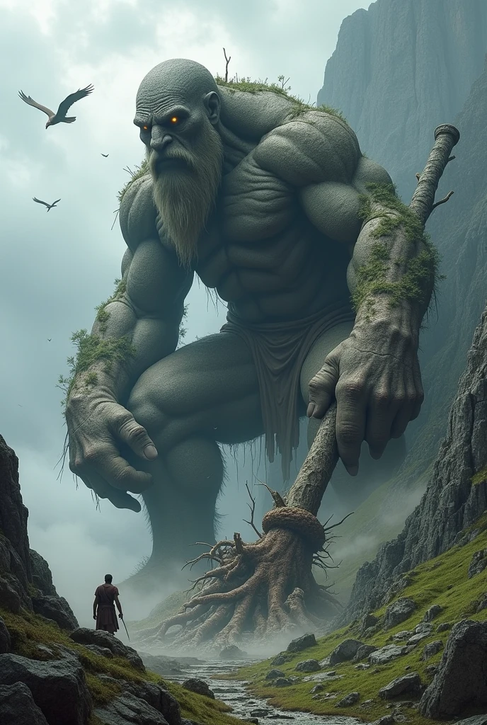 Imagine an imposing setting where a colossal giant dominates the landscape of rugged, misty mountains. The mountains are high and steep, with sharp peaks that are lost in the low clouds, creating an almost surreal vision. The sky is covered with dark, heavy clouds, that threaten an imminent storm, and the wind was blowing furiously, cutting through the silence of the heights.
On top of the highest mountain, the giant rises, a monstrous and ancient figure, so large that it appears to be a natural part of the terrain. Your skin is rough and gray, almost indistinguishable from the rocks around it, as if it was carved directly from the mountain. Mosses and small trees grow on it, reinforcing the idea that he had been there for ages, immobilized, but alive. Their eyes, deep and bright like burning coals, are fixed on the horizon, watching the world below with a dark, inscrutable expression.
The giant is crouching, with one knee resting on the rock, as if he had just gotten up or was about to move. your hands, big as cliffs, hold a gigantic club made from an entire tree, adorned with fragments of stone and bones. The club rests at his side, embedded in the ground, creating cracks in solid rock, as small landslides slowly fall from its base.
Around the giant, the landscape is one of pure desolation: rocky slopes drop into deep, dark valleys, where sunlight rarely reaches. Giant eagles circle overhead, as if they were mere shadows compared to the imposing figure below. Further down, on the slopes, small abandoned cabins and forgotten trails indicate that long ago, adventurers dared to climb to these heights, perhaps in search of legends about the giant, only to never be seen again.
The presence of the giant imposes a reverent silence on the environment, interrupted only by the occasional sound of distant thunder. He seems to be a force of nature himself, eternal and