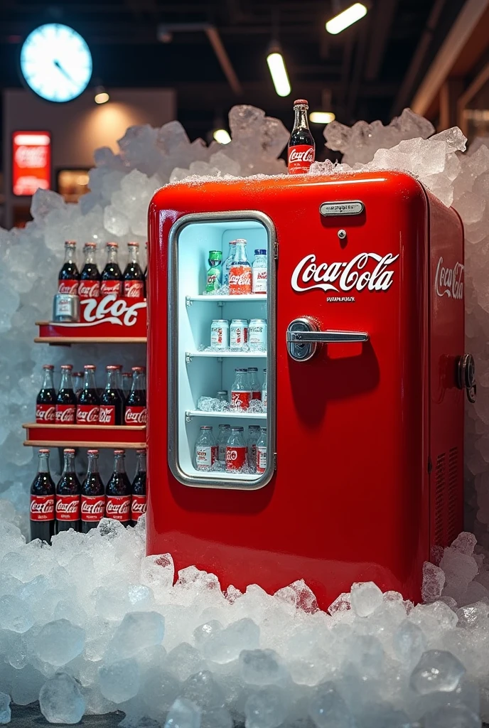 Create a super refreshing Coca Cola store display with an old refrigerator or an igloo, lots of ice and Coca Cola  