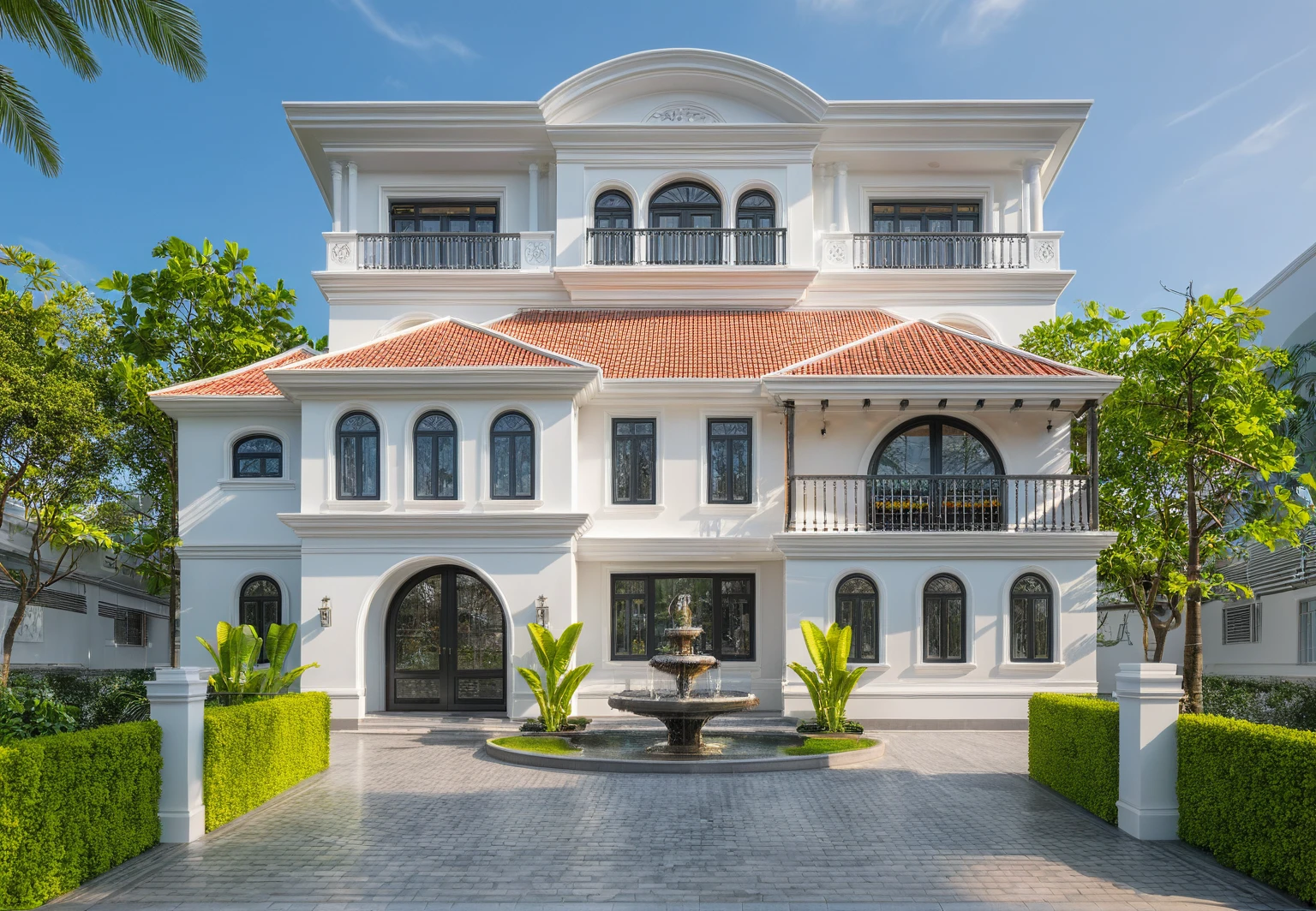 neo classical villa on street, (daylight), tropical tree, vivid colour, streetcapes, white tone, nice detail, white wall, large glass door, warm interior lighting, best quality, masterpiece, ultra realistic