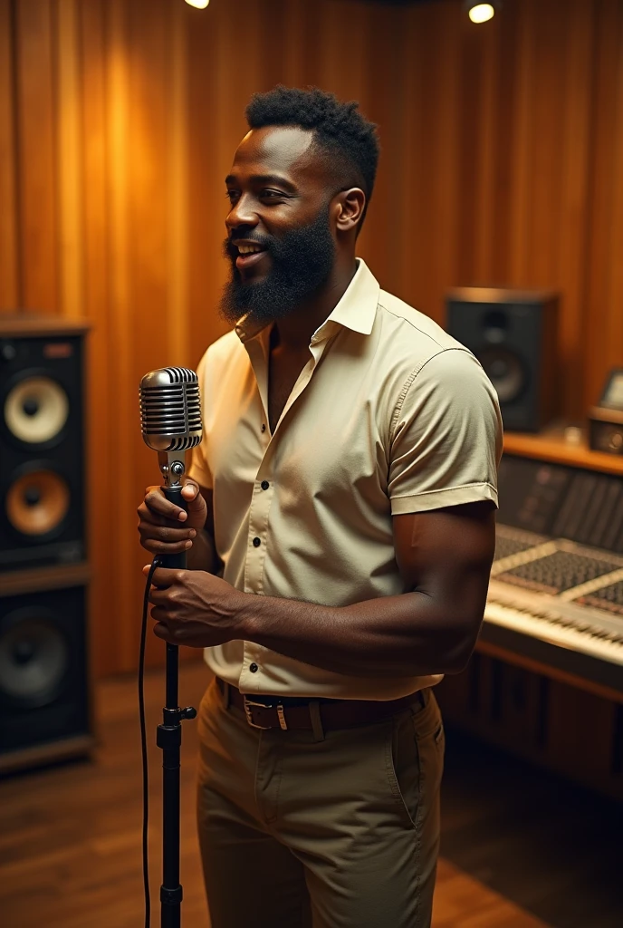 1960s Jamaican man with microphone in hand in a recording studio 