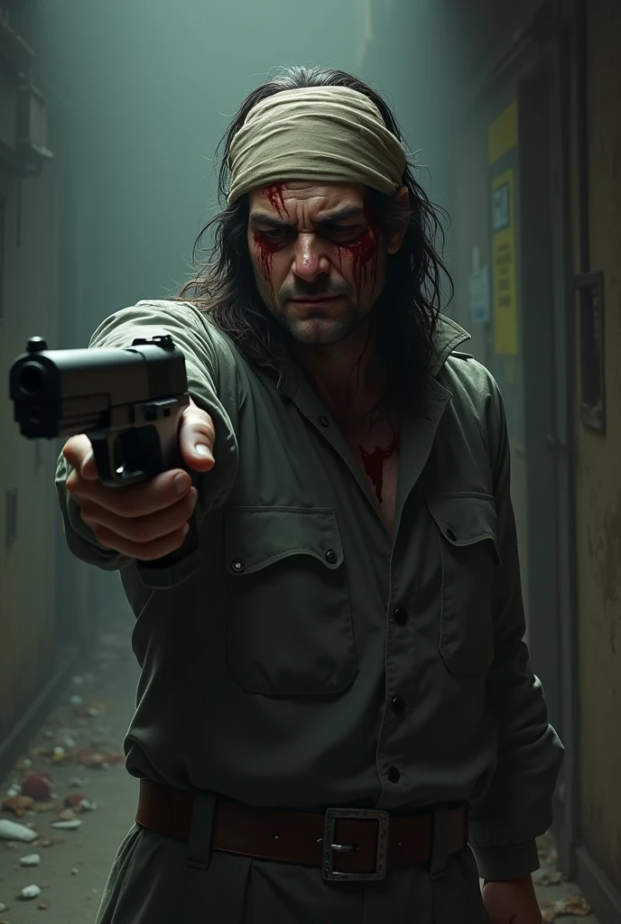 A killer with a bleeding head, holding a gun, less scary