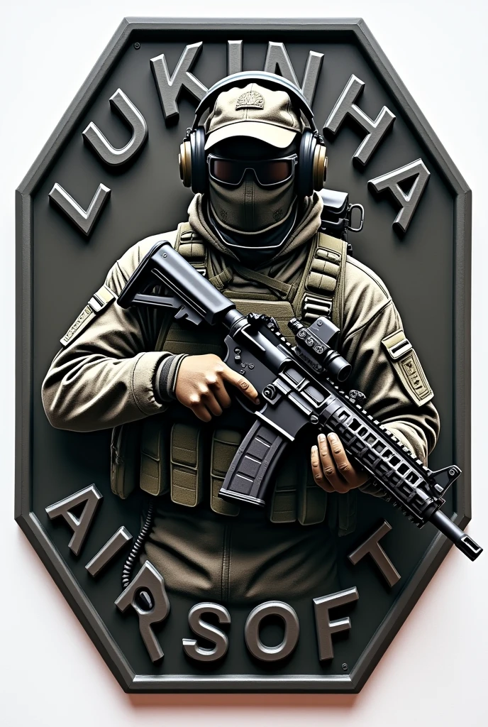 Create Hexagonal Rubber Patch, military coat of arms with an assault operator carrying an m4 rifle wearing a cap and headphones in the center and the name Lukinha Airsoft