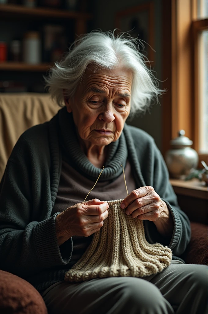 old woman with knitting needles