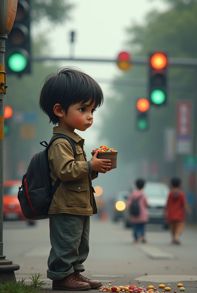 Child working selling candy at the traffic light with a sad look and old clothes watching other children playing from afar