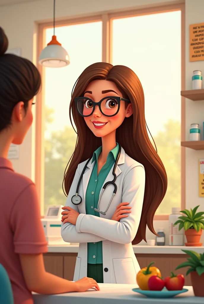 Pixar image of a nutritionist with long brown hair  ,brown eyes with glasses and lab coat in a clinic 