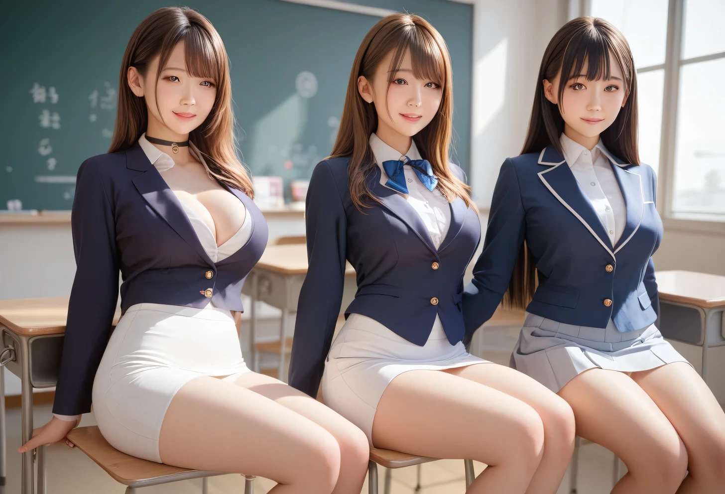 score_9, score_8, score_8up, score_7, Highest quality、masterpiece, group、((White tight collared shirt, blazer、mini skirt, uniform,)), Large Breasts, ((Layered Haircut)), Slim body, Slim face（8k，Highest quality），Shot from medium distances，classroom,  Adorable， smile， Long brown hair， 32K, masterpiece， Best image quality，Ultra-high resolution，Perfect hands，Black choker、Almond Eye、bangs、Very thick and long eyelashes, ((Big Breasts))、Students listening to the lecture、A dreamy look、Natural Makeup、They are sitting side by side taking a class、Cleavage