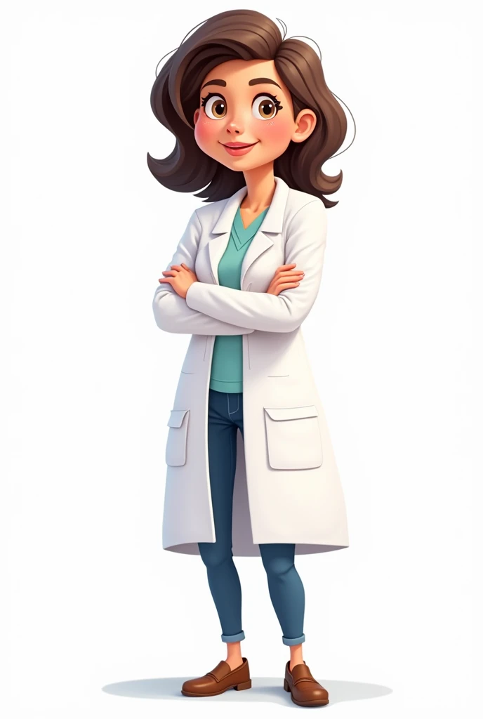 40 year old woman in psychologist's lab coat standing full body cartoon drawing white background