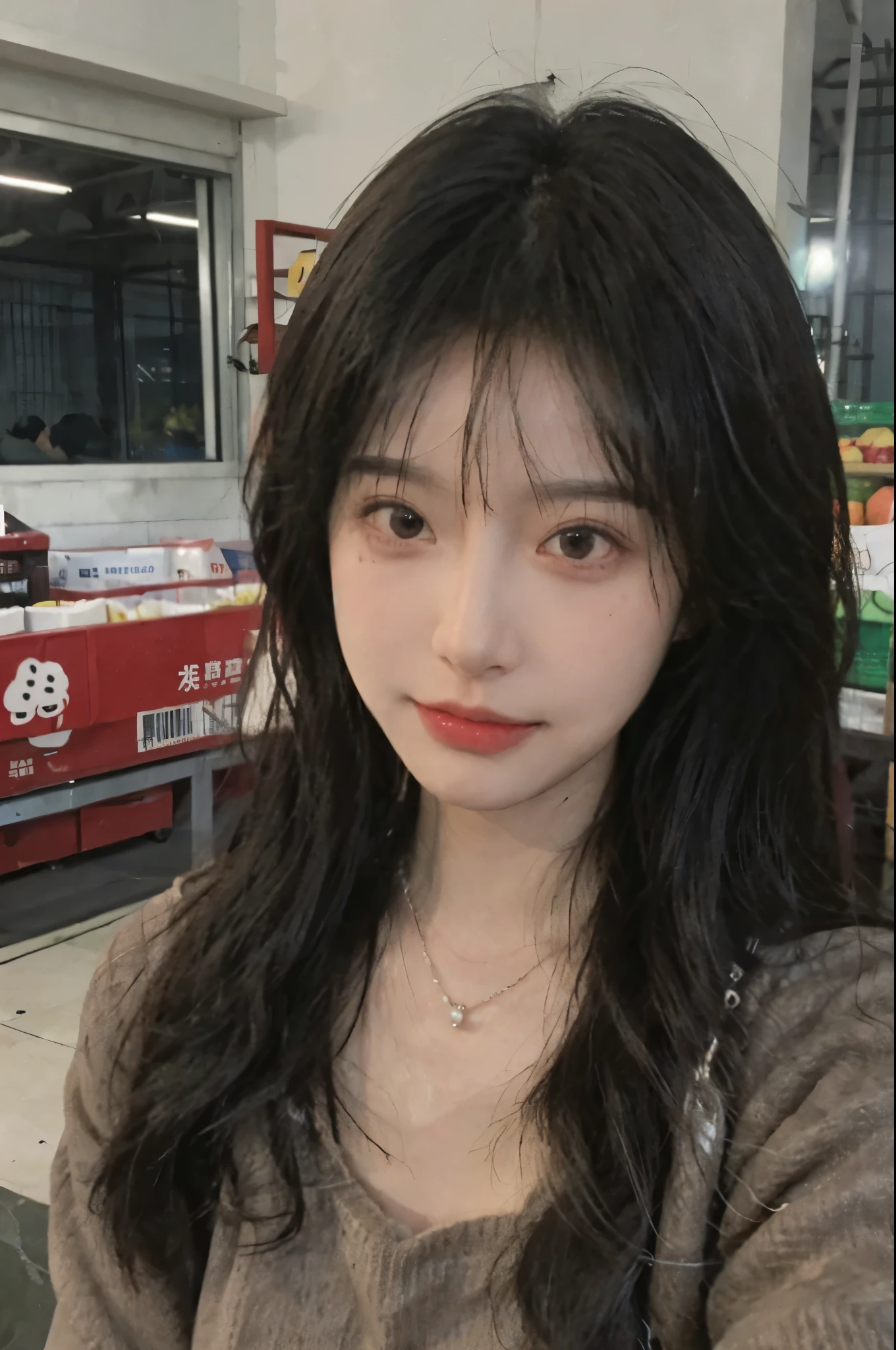 Best quality，Ultra-high resolution,(Realism:1.4)，cute，cute发夹，girll,Cropped black sweater，Look directly at the audience，Full of atmosphere，Beautiful woman with a slim figure:1.4，supermarket，whole body，Super delicate face，Exquisite eyes，Double eyelids，necklace