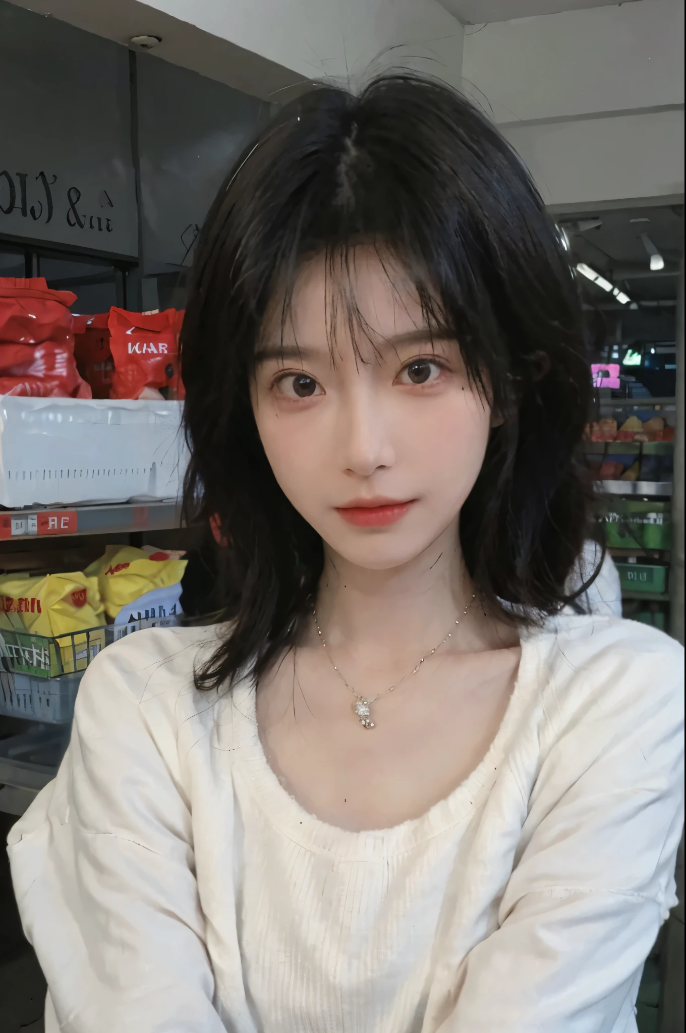 Best quality，Ultra-high resolution,(Realism:1.4)，cute，cute发夹，girll,Cropped black sweater，Look directly at the audience，Full of atmosphere，Beautiful woman with a slim figure:1.4，supermarket，whole body，Super delicate face，Exquisite eyes，Double eyelids，necklace