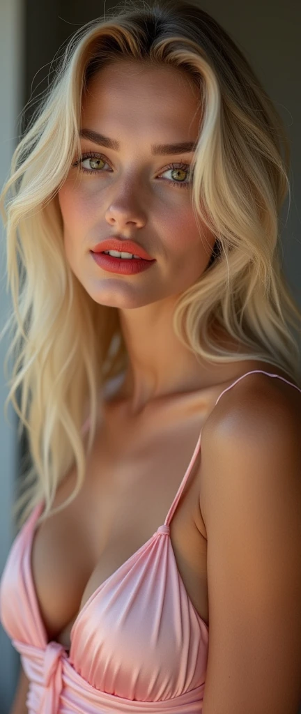 Girl Pure, open vaginas, fair skin, red lipstick, moisture on body, shine skin, swet on body, blond hair, brown eyes, small breast, pink silk dress, leather drees