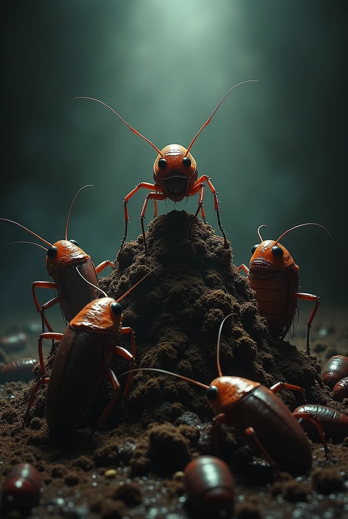 Create a horror image where 3 decapitated cockroach bodies want to approach a single cockroach head that is on a hill or mound of bodies of other dead cockroaches., that a ray of light illuminates the head and is the main source of illumination of the image