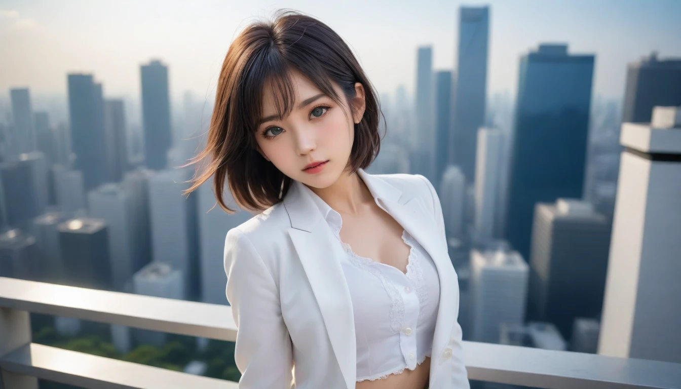 8k, Ultra-high resolution, Highest quality, masterpiece, 三分割法によるphotograph,Surreal, photograph, 1 , (:1.3), cute, cute顔, 細部までBeautiful Eyes, 細かくdetailedに,masterpiece,One Girl:1.2,Japanese women,Female announcer,cowboy shot,glaring,Black short hair,messy hair,from below,(White shirt:1.3),Dark blue blazer,Pencil Skirt,Rooftop,white collar,blue sky,Background of skyscrapers,(Beautiful attention to detail),Subtle details, detailedな顔,anger,Attractive eyes,(ポートレートphotograph:1.4),(Photorealistic images:1.4),Fantasy art,(Beautiful Face:1.4),美しくAttractive eyes、Beautiful Eyes,Silver residue,(Tight waist:1.4)、(Beautiful with perfect body proportions:1.4),Pink Lips,profile,(((Ideal body type))),A-cup small breasts :2,、Portraiture:2、Perfect Anatomy、鮮明なdetailed、detailed,Fashion magazine cover,Thin lips,完璧でBeautiful Face ,完璧でcute顔, Skin with attention to detail, Perfect limbs、Narrow waist,Surreal,Light and shadow,sunlight