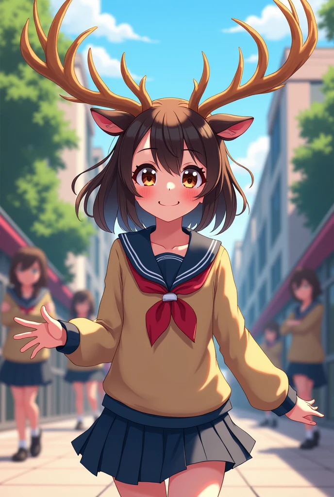  with moose horns in anime style student outfit
