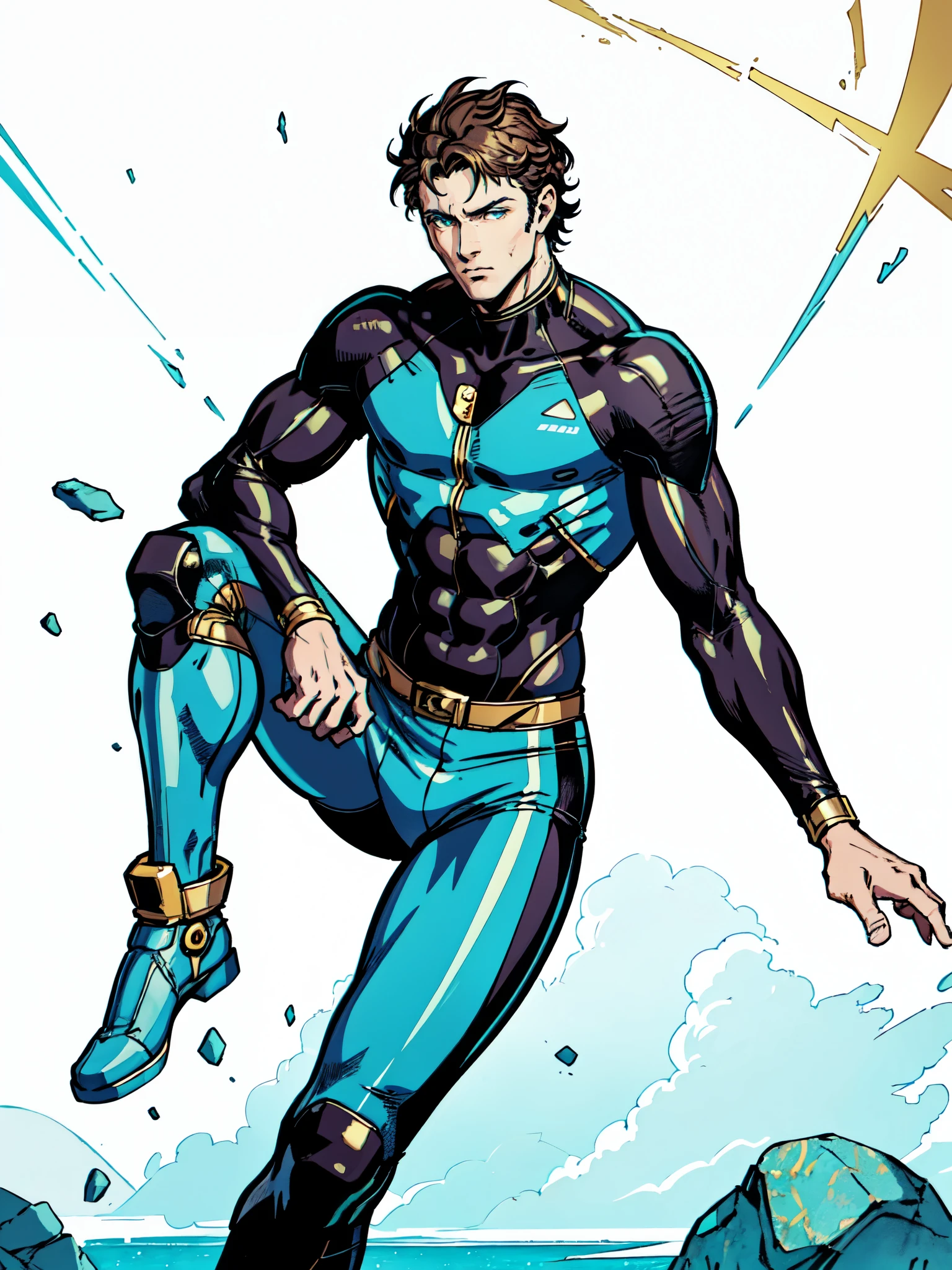 (masterpiece:1.2, best quality:1.2, extremely delicate:1.2), ((male:1.5)), a mature man with short slightly curly brown hair, a well-defined face, intense eyes, a thoughtful expression, brown skin, tall and athletic build, a futuristic fantasy-style blue and black short-sleeved tight-fitting wetsuit, matching trousers, wrist guards, he sits leisurely on a seaside rock, this character embodies a finely crafted futuristic fantasy-style swimmer in anime style, exquisite and mature manga art style, dramatic, high definition, highres, ultra-detailed, ultra-fine painting, professional, perfect body proportions, golden ratio, anatomically correct, symmetrical face, extremely detailed eyes and face, high quality eyes, creativity, RAW photo, UHD, 32k, Natural light, cinematic lighting, (masterpiece-anatomy-perfect:1.2)