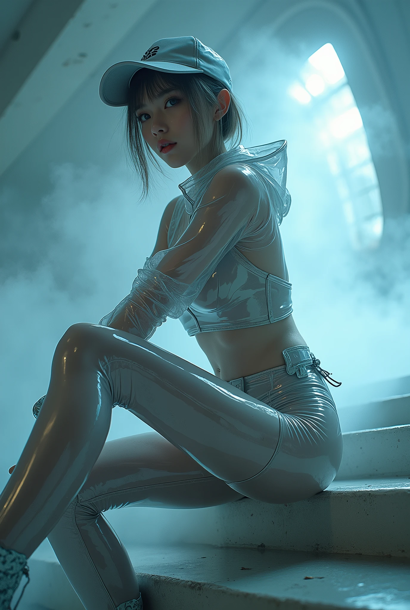 (nsfw), masterpiece, Best Quality, hyper Realistic, A mysterious and sophisticated beautiful young gravure Japanese woman with blue eyes wears futuristic and sexy fashion art. standing back shot, focus ass, from below, Detailed clothing, woman is climbing at a wide angle, with her full body in frame. large Butt, sexy large breasts, slim waist, She wears a futuristic, sexy outfit made from clear, transparent latex. The outfit includes an oversized hoodie, long sleeves with reflective patterns, transparent leggings, an enamel belt, latex gloves, and ankle-length boots with chunky soles. She also wears a clear, transparent baseball cap. Her demeanor exudes harmony and striking simplicity, The wear hugs her body tightly, accentuating her curves and digging sensuously into her skin, hyper small head and face, wide and big Duck mouth, half open mouth, perfectly aligned teeth, perfect beautiful wide teeth, Detailed eyes, light blue eyes, half open eyes, shiny Droopy eyes, gray hair, looking other, She is situated within the interior of a futuristic colony, with mist drifting and steam rising from concrete