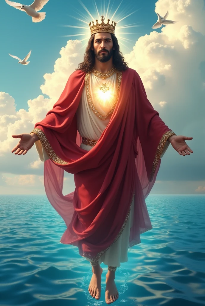 (photorealism:1.2), handsome Jesus Christ, his feet is visible to see that floating above the blue water of the sea, wearing the red color of King elegant clothes with many diamonds and crown sparkling with light, the head and heart lighting all over, focus on face looking at the camera, nice hair, outdoors, feet finger is five, bright lighting, so many clouds and blue sea water in the background,  so many clouds and dove all over, cozy  blue sea, relaxed pose, realistic, intricate details, bright colors,