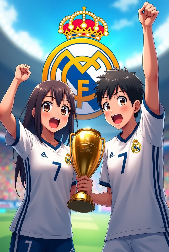 A picture with the Real Madrid shirt in the stadium with the Champions Cup A girl and a boy Called Yoni and Irel with the number 7 on their backs anime version