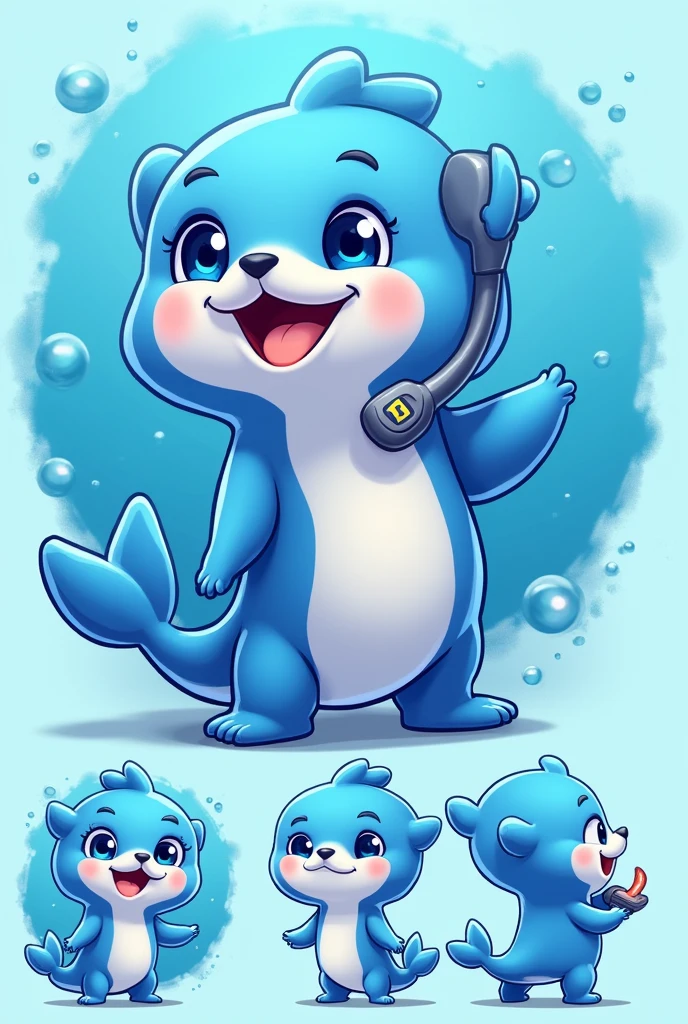 create a smiling adult mascot for L store.P offers in blue colors, and that it is an aquatic animal, make 5 different pictures of the same mascot 