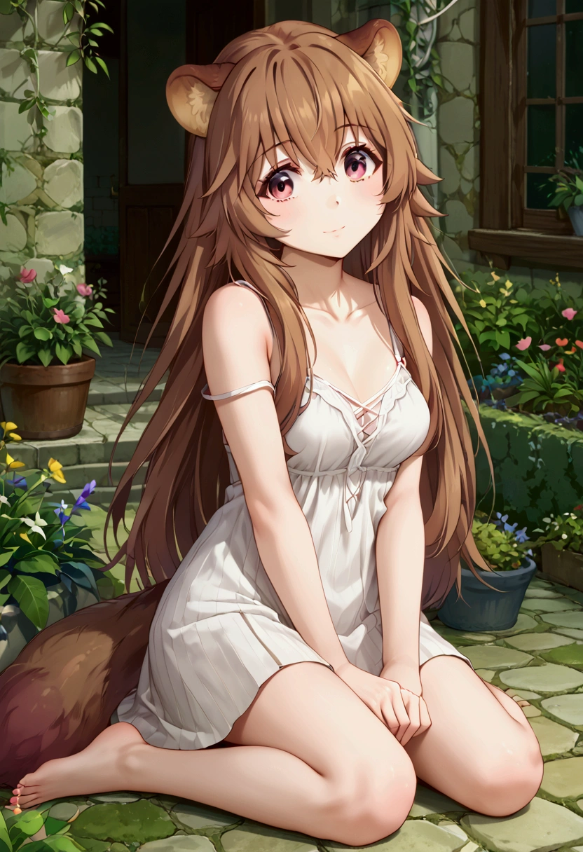 score_9,score_8, (((perfect face))), (medium breasts), focus breasts, full body view, {looking at viewer},(brown hair), (bangs), (long hair), (animal ears), (raccoon ears), (raccoon girl), (raccoon tail), 1girl, raphtalia, (pink eyes), (detailed eyes), (perfect Eyes), garden, outdoors, white dress, spaghetti straps, sleeveless dress, brown cardigan