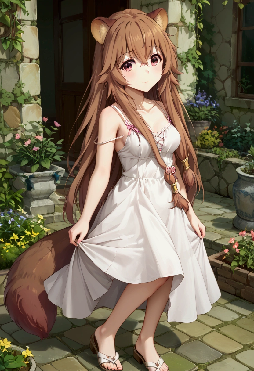  score_9,score_8,  (((perfect face))), (medium breasts), focus breasts, full body view, {looking at viewer},(brown hair), (bangs), (long hair), (animal ears), (raccoon ears), (raccoon girl), (raccoon tail), 1girl, raphtalia, (pink eyes), (detailed eyes), (perfect Eyes), garden, outdoors, white dress, spaghetti straps, sleeveless dress, brown cardigan