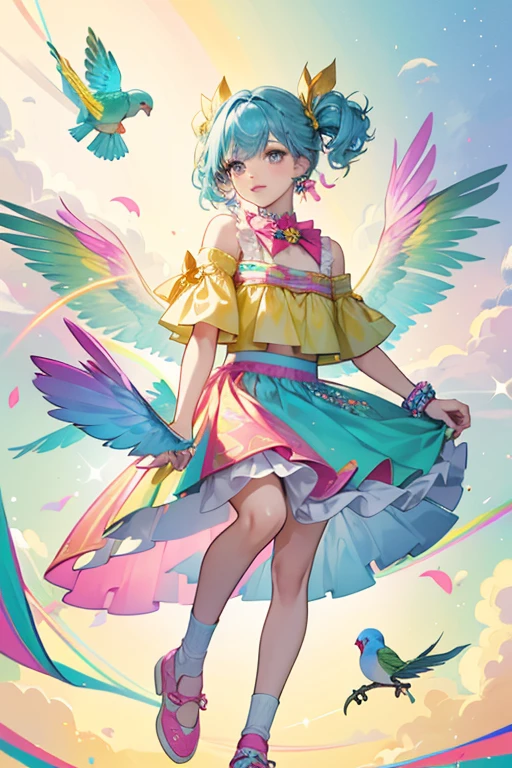 Prita is a beige parakeet with blue hair.
Clothes: She wears a rainbow gradiant top with a pink skirt is covered in birds and rainbows.
Accessories: She comes with yellow and teal wings, with a red bow and pink shoes. SPARKLE; GLITTER