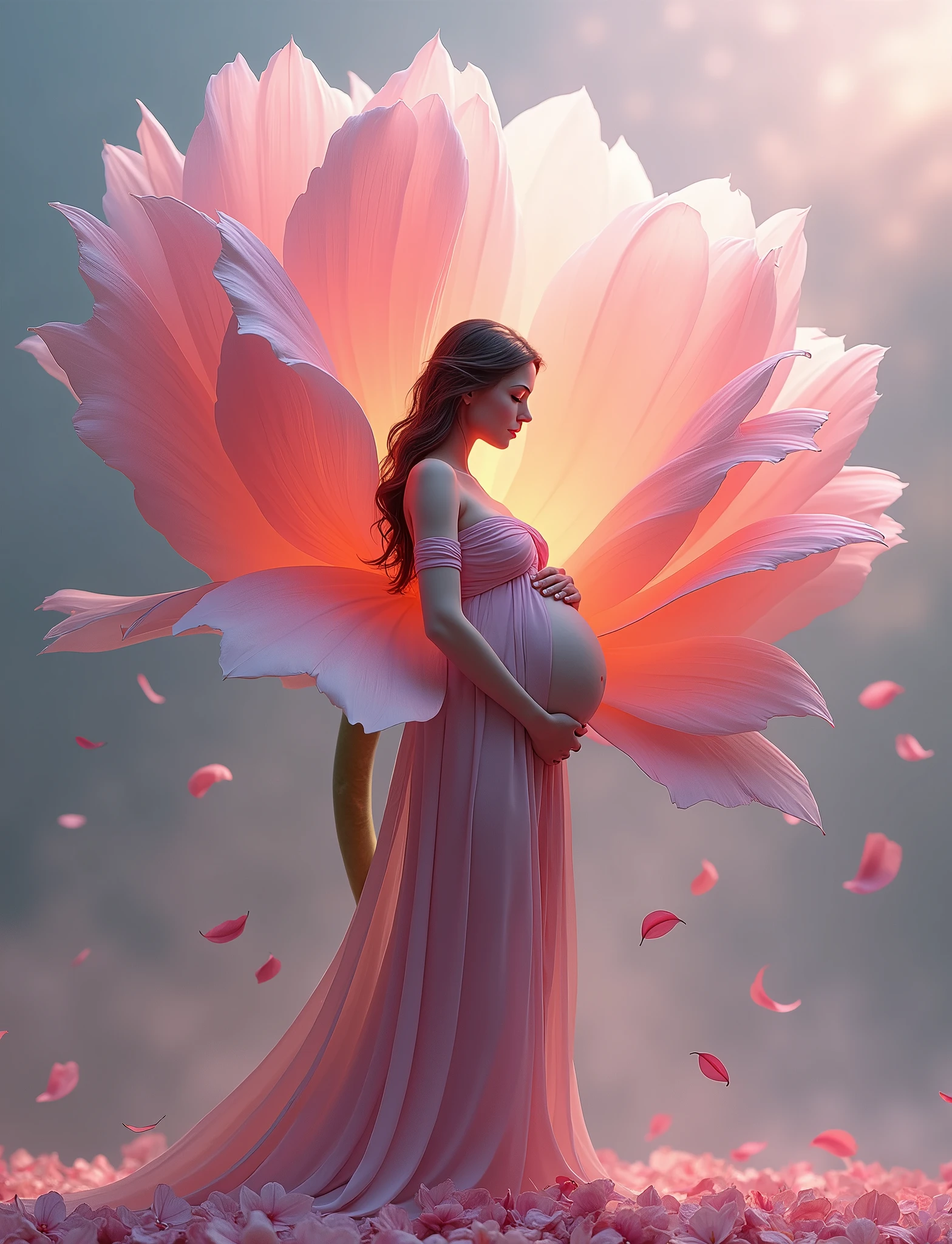 pregnant woman in red dress standing in a large flower, digital art inspired by Igor Kieryluk, trending on cg society, digital art, maternal photography 4 k, perky woman made of petals, pregnant belly, stunning elegant pose all pose different , flower goddess, lady with glowing flowers dress, maternity feeling, red colour dressed in a flower dress, photo manipulation, beautiful and graceful, pregnant, leaf flowing in air, cloudy effect some flowers leaf