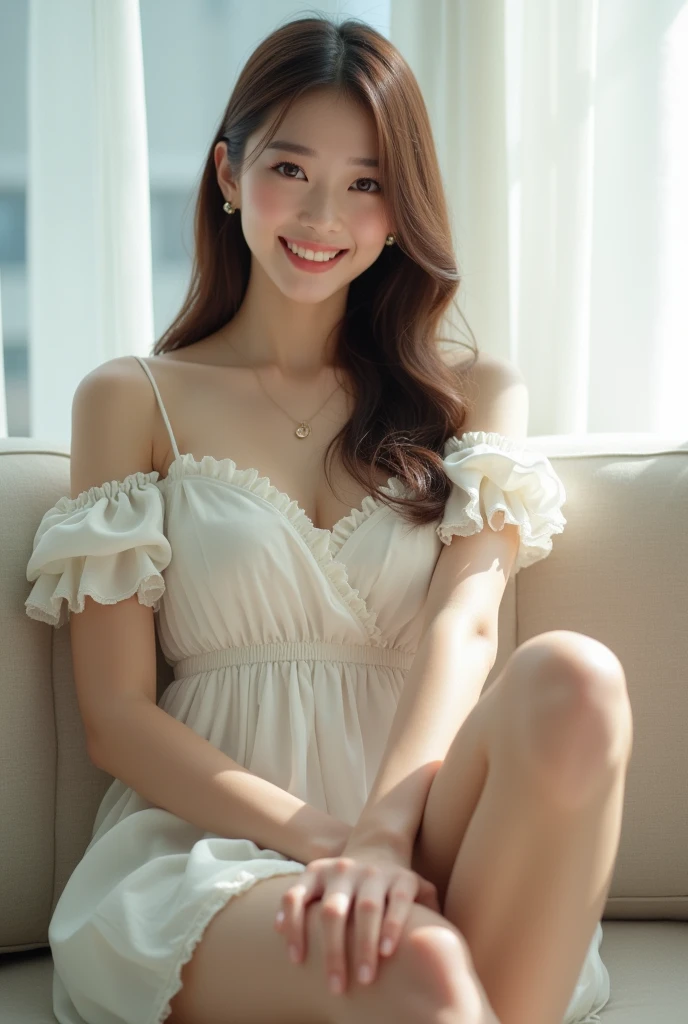 photo Realistic:1.2, 最high quality, 最high quality, Ultra-high resolution, RAW Photos, Realistic, Bright lighting, Face Light, Smooth Professional Lighting, Looking into the camera, (Perfect body structure):2.0, Adult female, ((Japanese,)) (((Beautiful woman))), (((Super Beauty))), Realistic skin, Moisturized Skin, (Realistic eyes and faces):1.5, Perfect model body shape, Beautiful Eyes, Big eyes, Inconspicuous tear bags, Big Breasts:1.5, very good, No makeup, Beautiful fingers, Long Hair, Brown Hair, Brown eyes, (looks happy), (Both ears are covered with hair), Cowboy Shot), (((Biomechanical))), (((White Dress, Frills, Race))), Sitting with Please raise your knees on sofa:1.8, Please raise your knees:1.5, Spread your legs:1.9, masterpiece, masterpiece, Anatomically correct, Attention to detail, high quality, Browsing Caution:1.9, (((One person, penis))). (((Woman has rough sex with boy))), (((Women are peaking)))
