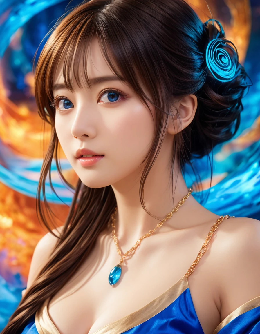 Capture the essence of a masterpiece with this stunning 8K wallpaper. A beautiful face, adorned with delicate chains, gazes serenely amidst a mesmerizing backdrop of twisted waters and a vibrant orange-blue nebula. Studio lighting casts an ultra-fine glow, accentuating every detail as if painted by hand. Sharp focus and physically-based rendering bring the fantasy world to life, with vivid colors and extreme detail description. Anime-style magic swirls around the subject, imbuing the image with a sense of wonder. Simplepositivexlv2's signature style shines through in this breathtaking 4K/8K masterpiece.