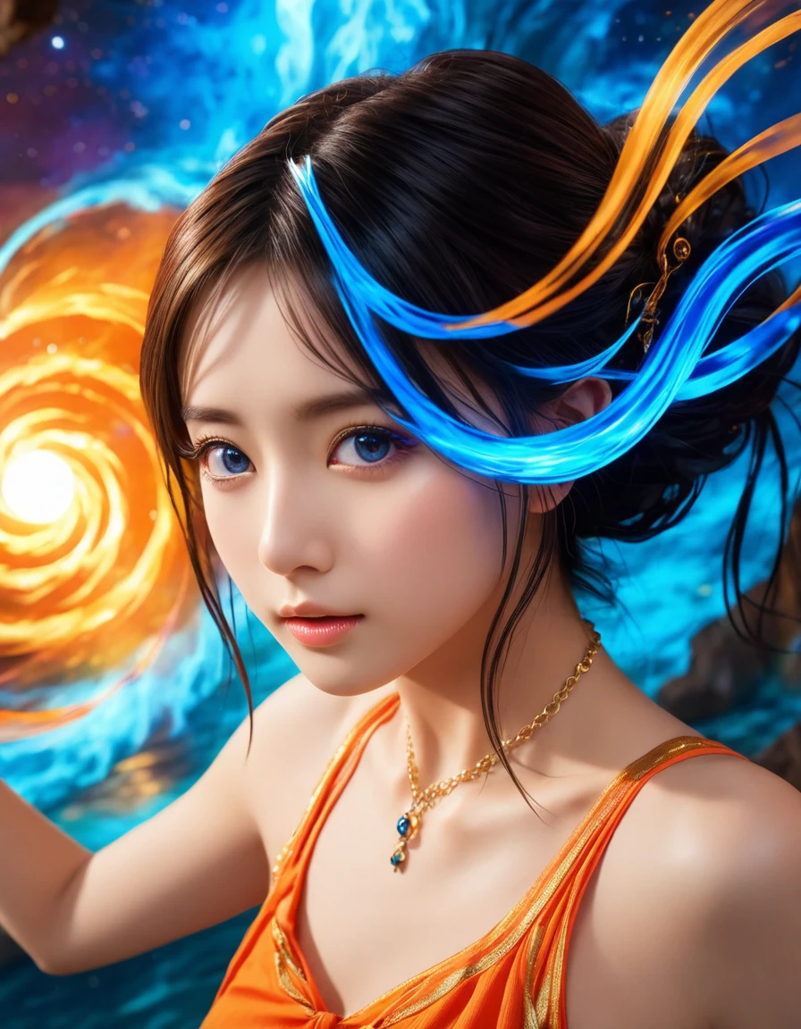 Capture the essence of a masterpiece with this stunning 8K wallpaper. A beautiful face, adorned with delicate chains, gazes serenely amidst a mesmerizing backdrop of twisted waters and a vibrant orange-blue nebula. Studio lighting casts an ultra-fine glow, accentuating every detail as if painted by hand. Sharp focus and physically-based rendering bring the fantasy world to life, with vivid colors and extreme detail description. Anime-style magic swirls around the subject, imbuing the image with a sense of wonder. Simplepositivexlv2's signature style shines through in this breathtaking 4K/8K masterpiece.