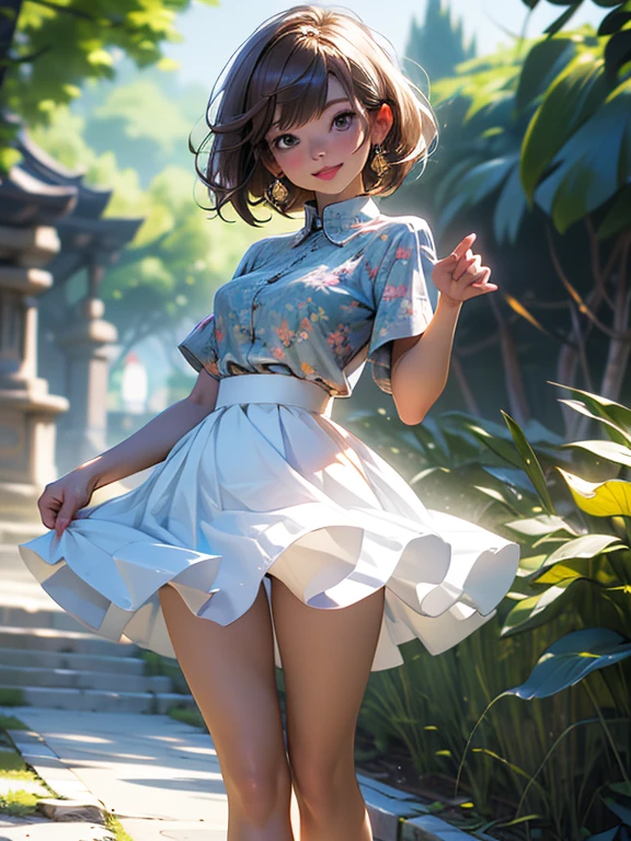 (8k, highest quality, masterpiece: 1.2), ultra detail, highest quality, ultra high resolution, professional lighting, photon mapping, radiosity, physically based rendering, cinematic lighting, depth of field, focusing, sun rays, good composition, (bokeh: 1.2), 1 girl, (full body), smile, beautiful eyes, pose, constriction, brown hair, short hair, prairie blouse light blue, skirt, cute white panty,park,hand {fingers} Kawaii {finger} hand,
