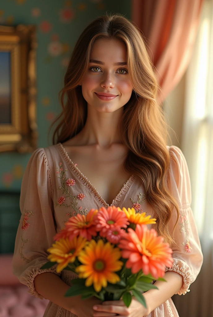 length, Permed bronze hair、｛｛baby｝｝baby、, Idyllic, Magical Scene, beautiful部屋 , (Highest quality, 4K, 8k, High resolution, masterpiece:1.2), Very detailed, (Realist, photoRealist, photo-Realist:1.37), Warm lighting, Vibrant colors, Soft Focus, fairy tale, Dreamer, comfortable, Adorable, beautiful, Whimsical, Fancy, charm, Sereno, peaceful, Innocent, Encouragement, Imaginative,Front view：A girl in a bohemian dress、Depicts a smiling woman holding a bouquet of vibrant flowers。