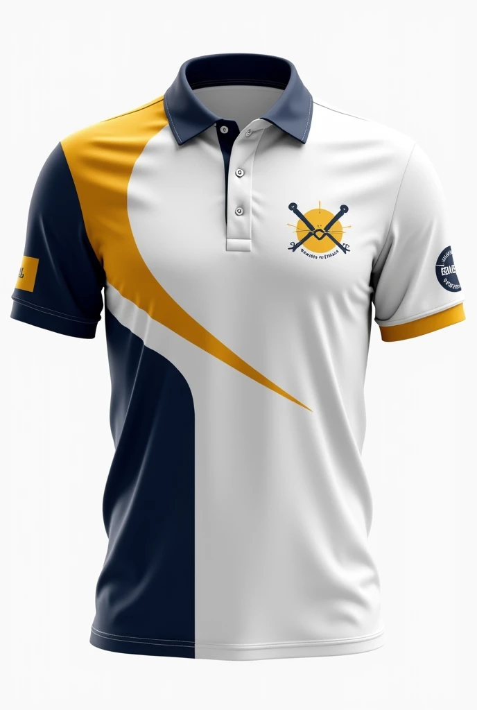 make me an organizational polo shirt for our uniform. color white, navy blue, and super less mustard. put design. put design on the side of the shirt about civil engineering