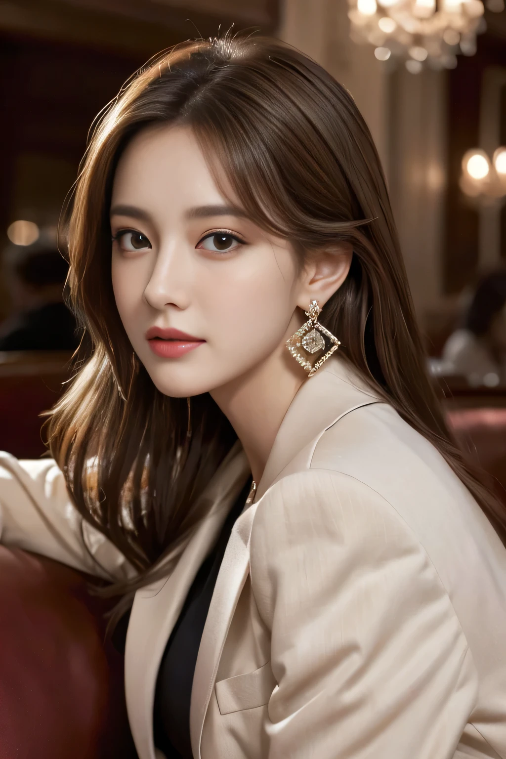 masterpiece, Highest quality, Realistic, Very detailed, Finer details, High resolution, 8k wallpaper, One beautiful woman, Wear a nice suit, In a great restaurant, At night, Light brown messy hair, Perfect dynamic composition, Beautiful and beautiful eyes、Big earrings、Sit on the sofa