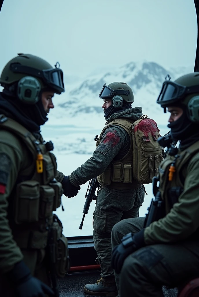 Inside the helicopter panoramic view, group (man with helmet, ski mask , tactical equipment, and tactical clothing) hold another man&#39;s hand ( man in red stained tactical clothing) , staring at the vast icy landscape of Iceland below, finally breaks the silence. The atmosphere is heavy, full of pain and sacrifice, as the helicopter flies through the dark skies.