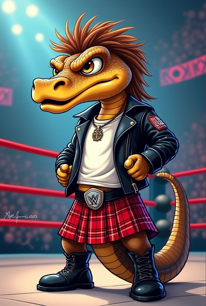cartoon python dressed like WWE wrestler rowdy Roddy Piper. Wearing white T-shirt with black motorcycle jacket. Plaid red kilt. Brown hair